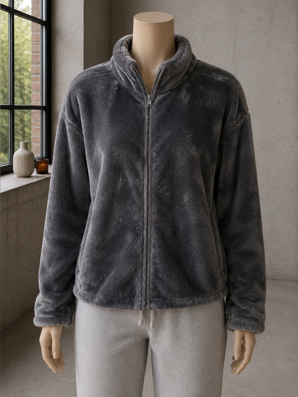 32 Degrees Sherpa Fleece Zip Jacket XL Gray Plush Cozy Full Zip